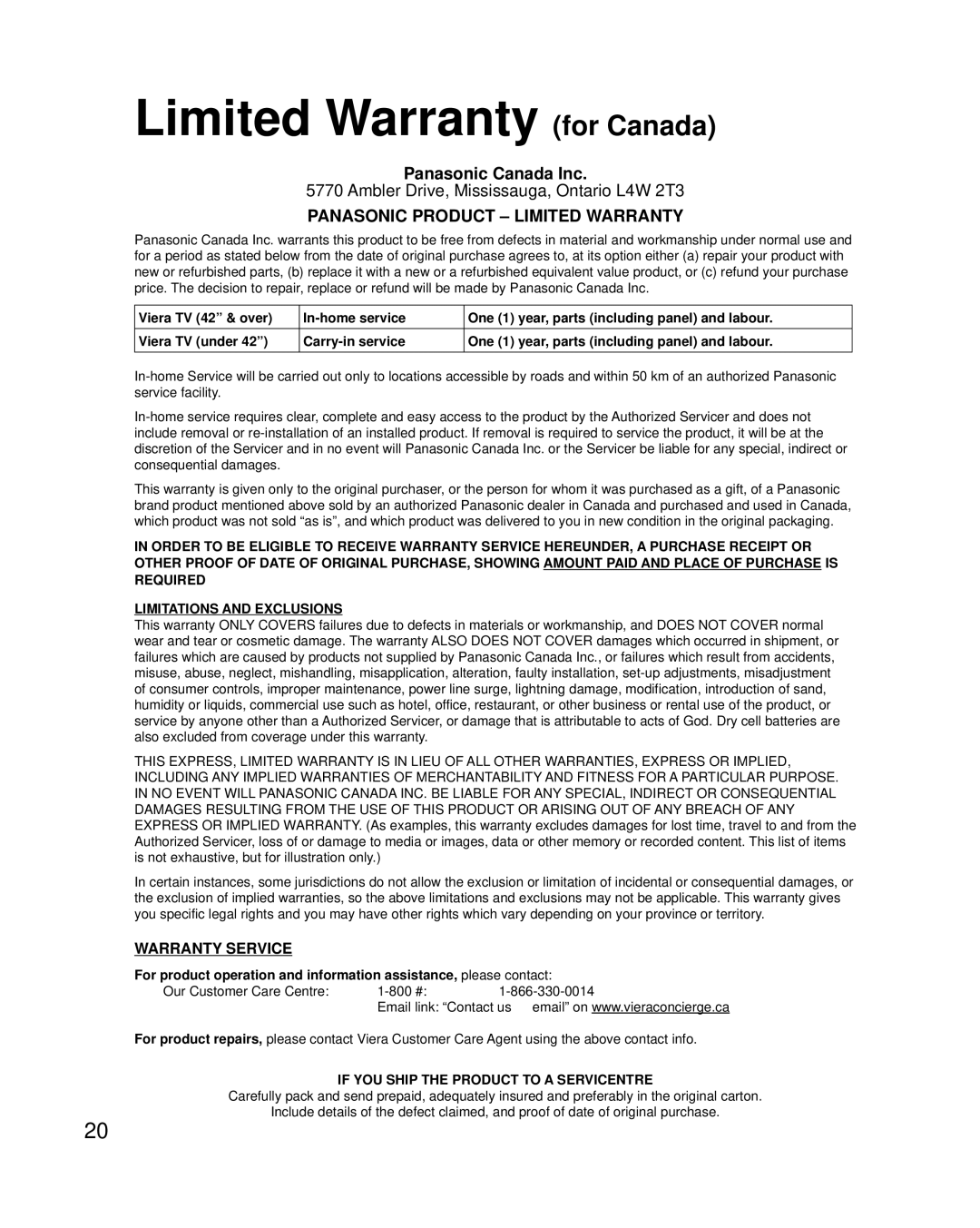 Panasonic TC-42LD24 warranty Limited Warranty for Canada, Panasonic Product Limited Warranty 