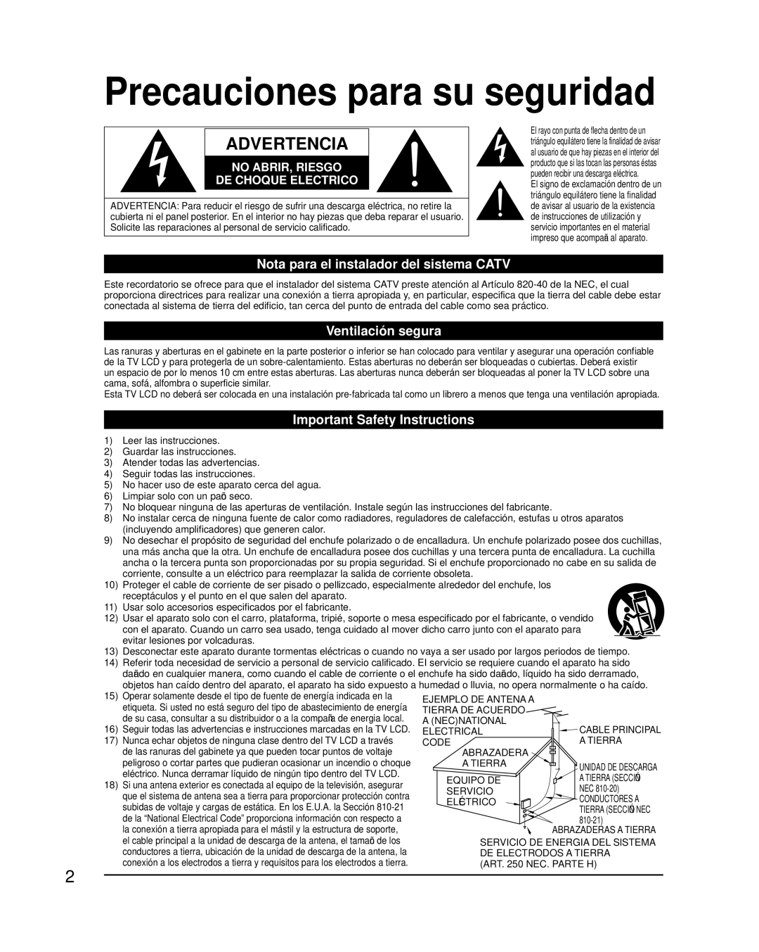 Panasonic TC-42LD24 warranty Precauciones para su seguridad, Nota para el instalador del sistema Catv, Ventilación segura 