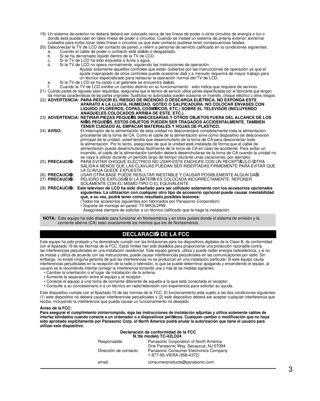 Panasonic TC-42LD24 warranty Declaración DE LA FCC 