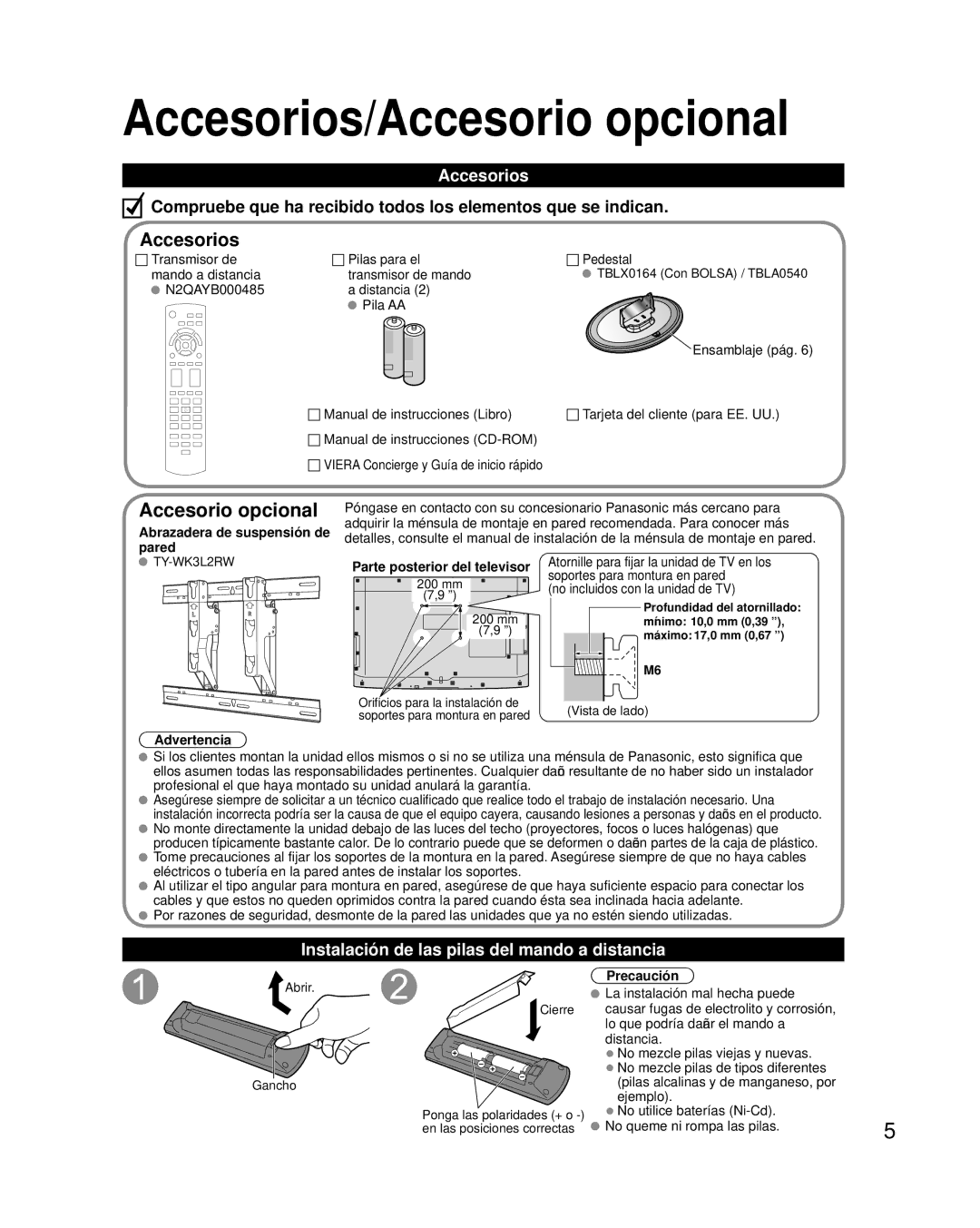 Panasonic TC-42LD24 warranty Accesorios/Accesorio opcional, Instalación de las pilas del mando a distancia 