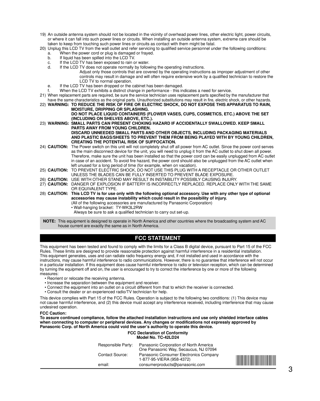 Panasonic TC-42LD24 warranty FCC Statement 