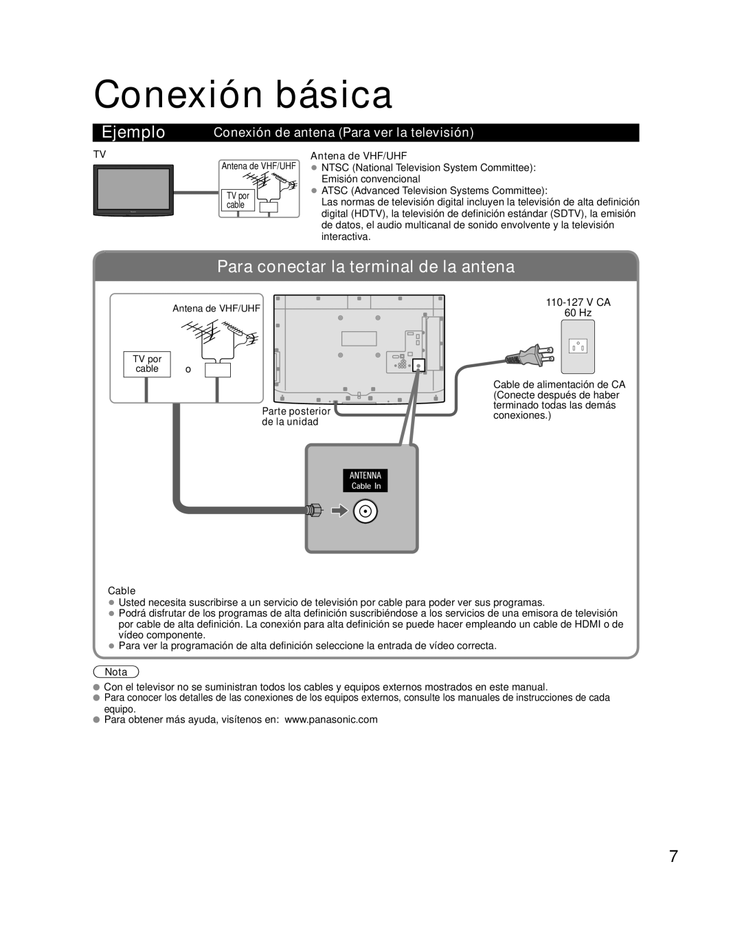 Panasonic TC-42LD24 warranty Conexión básica, Conexión de antena Para ver la televisión, Antena de VHF/UHF 