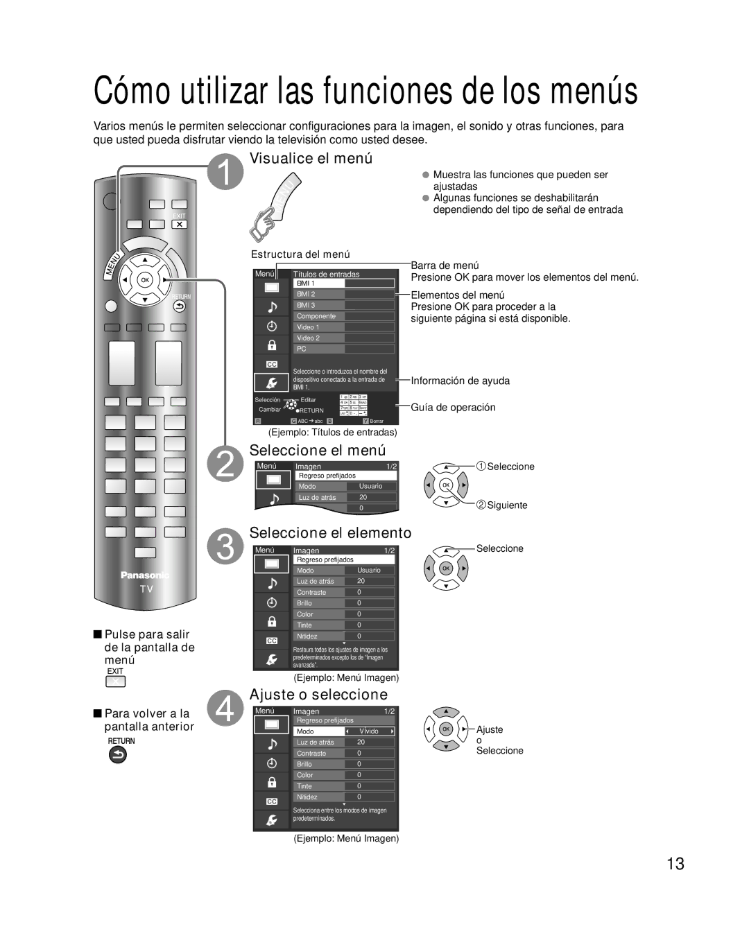 Panasonic TC-42LD24 warranty Visualice el menú, Seleccione el menú, Seleccione el elemento, Ajuste o seleccione 