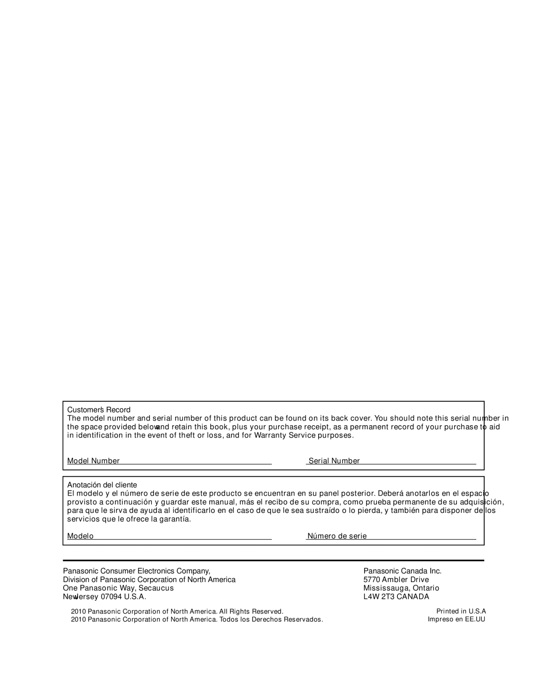 Panasonic TC-42LD24 warranty Customer’s Record 