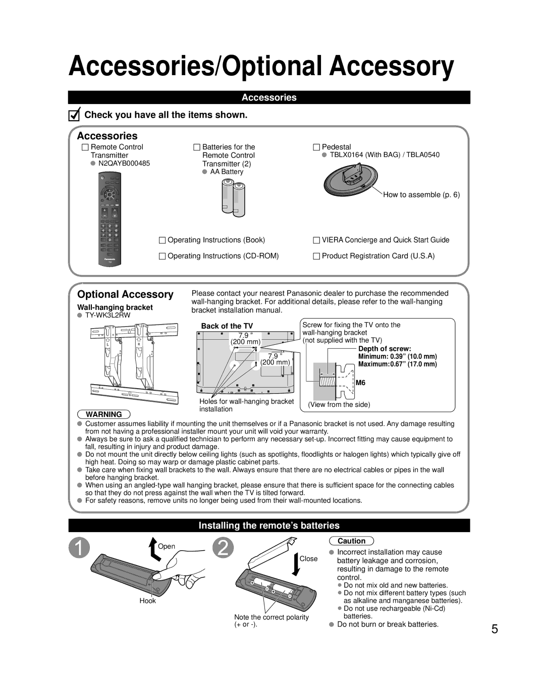 Panasonic TC-42LD24 warranty Accessories/Optional Accessory, Installing the remote’s batteries 