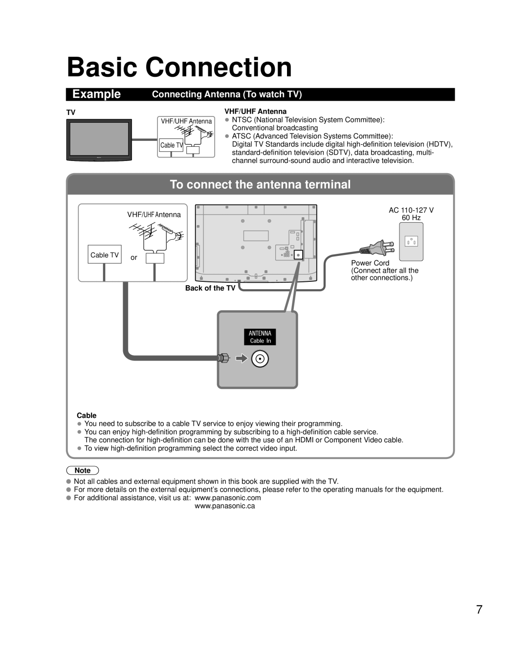 Panasonic TC-42LD24 warranty Basic Connection, Connecting Antenna To watch TV, VHF/UHF Antenna, Back of the TV Cable 