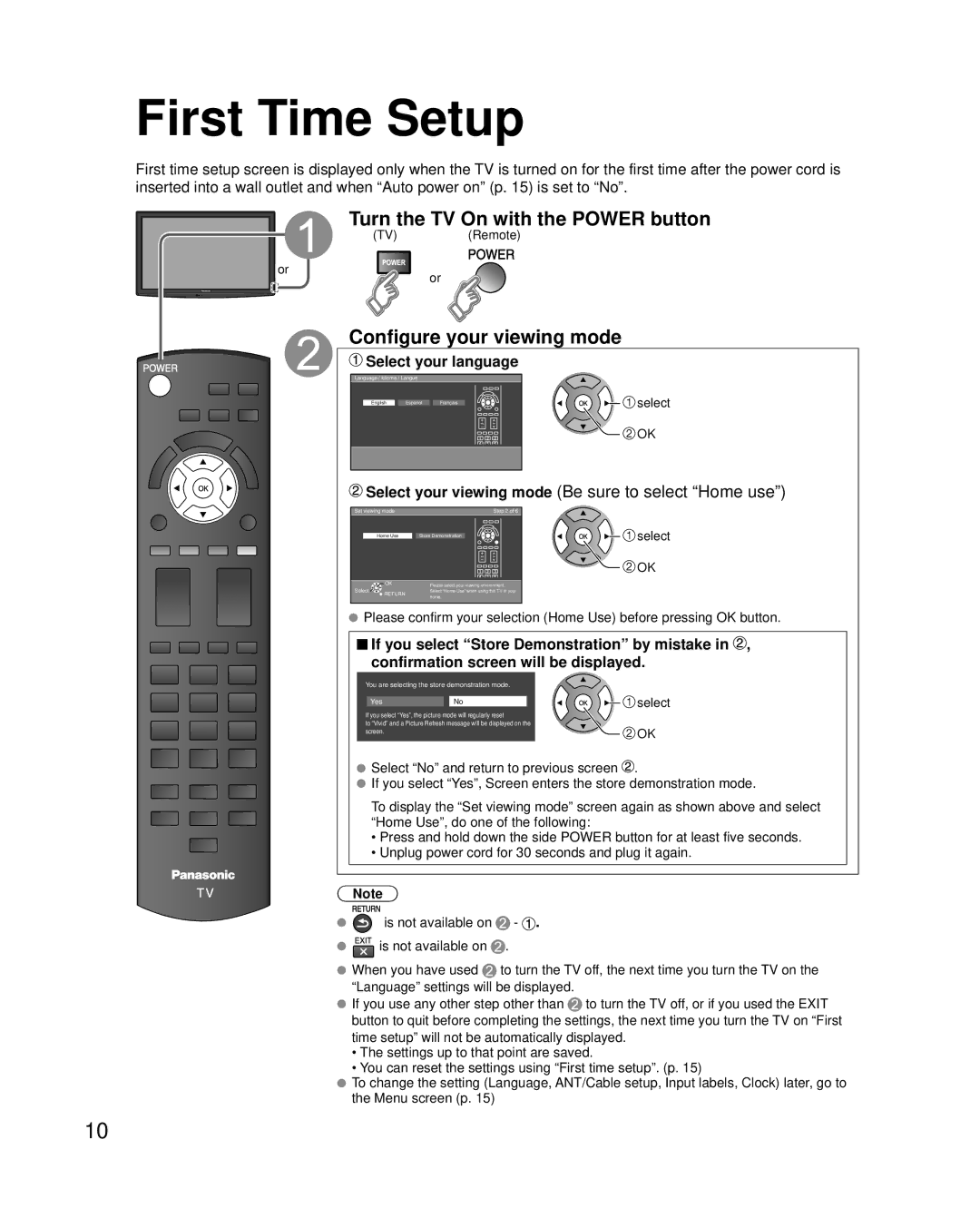 Panasonic TC-42LS24 warranty First Time Setup, Turn the TV On with the Power button, Configure your viewing mode 