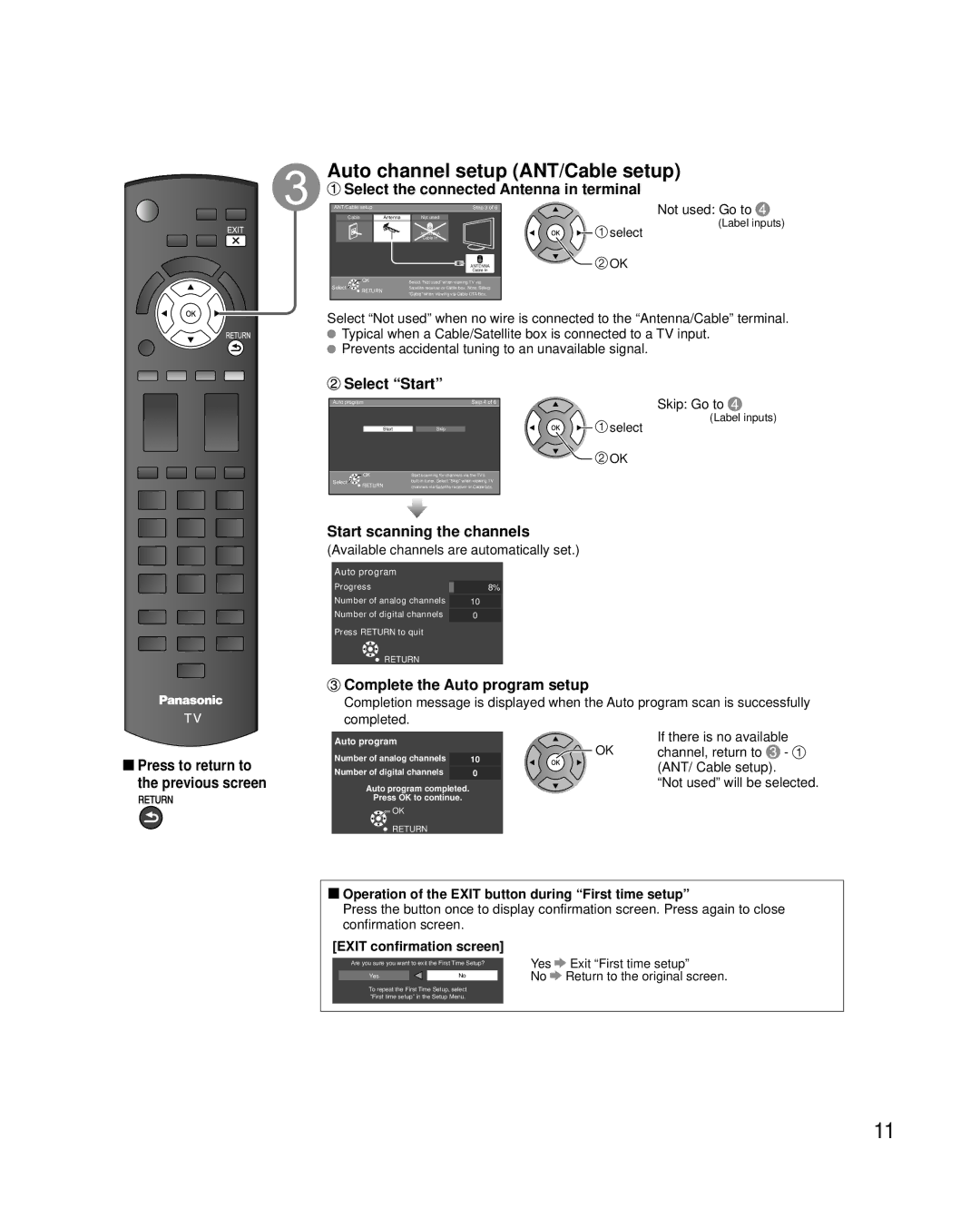 Panasonic TC-42LS24 warranty Auto channel setup ANT/Cable setup, Select the connected Antenna in terminal, Select Start 