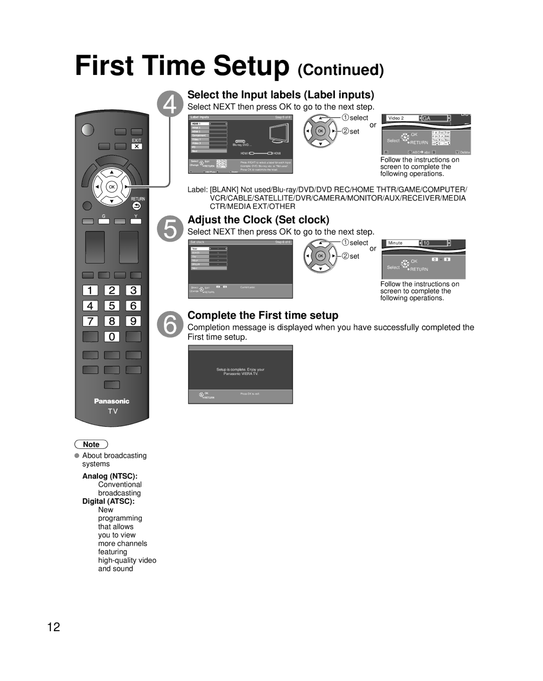 Panasonic TC-42LS24 Select the Input labels Label inputs, Adjust the Clock Set clock, Complete the First time setup 