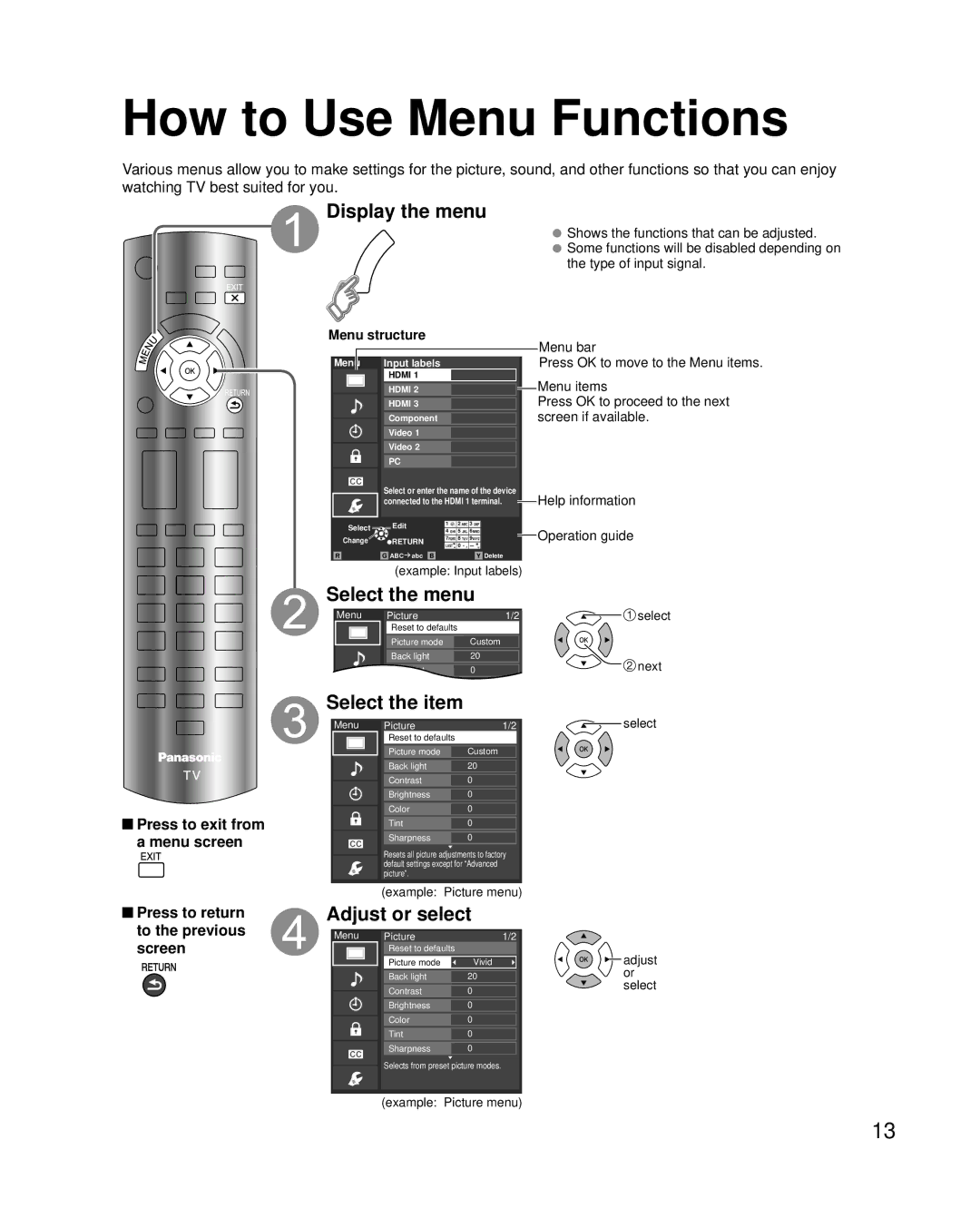 Panasonic TC-42LS24 How to Use Menu Functions, Display the menu, Adjust or select, Press to return to the previous screen 