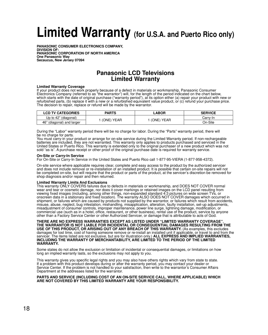 Panasonic TC-42LS24 warranty Limited Warranty Coverage, On-Site or Carry-In Service, Limited Warranty Limits And Exclusions 