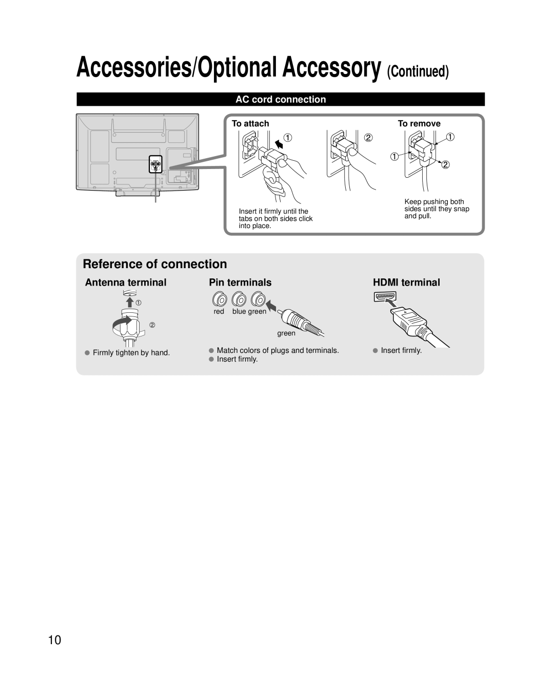 Panasonic TC-42PC2 quick start AC cord connection, To attach, To remove, Red blue green Green 