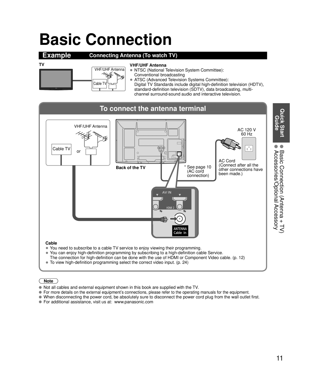 Panasonic TC-42PC2 quick start Basic Connection, Connecting Antenna To watch TV, Quick Guide, VHF/UHF Antenna, Cable 