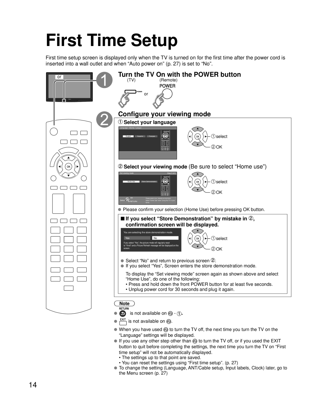 Panasonic TC-42PC2 quick start First Time Setup, Turn the TV On with the Power button, Configure your viewing mode 