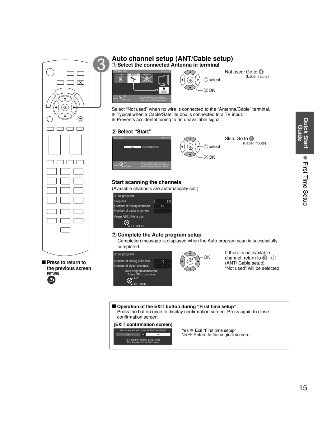 Panasonic TC-42PC2 quick start Auto channel setup ANT/Cable setup, Start First 