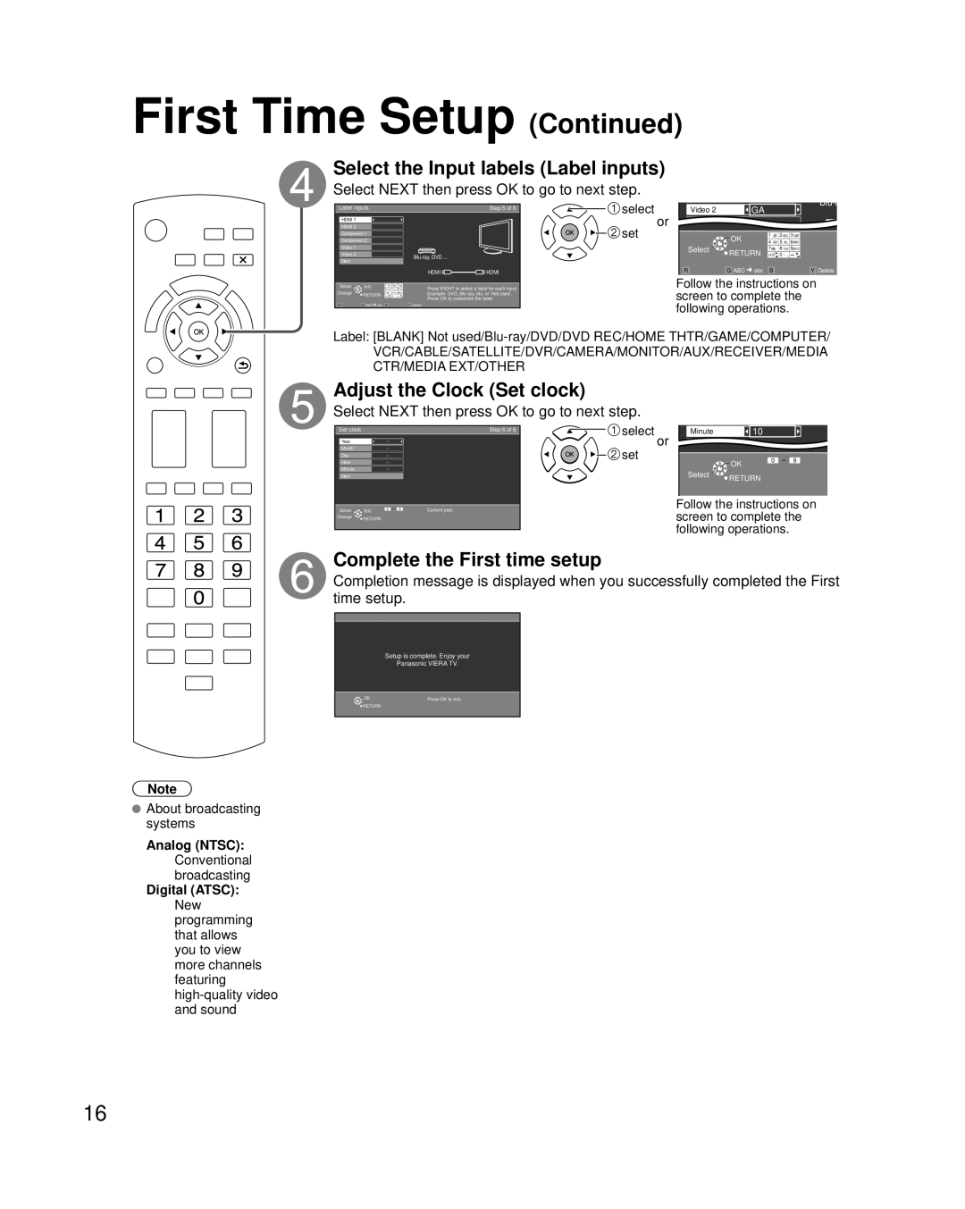 Panasonic TC-42PC2 Select the Input labels Label inputs, Adjust the Clock Set clock, Complete the First time setup 