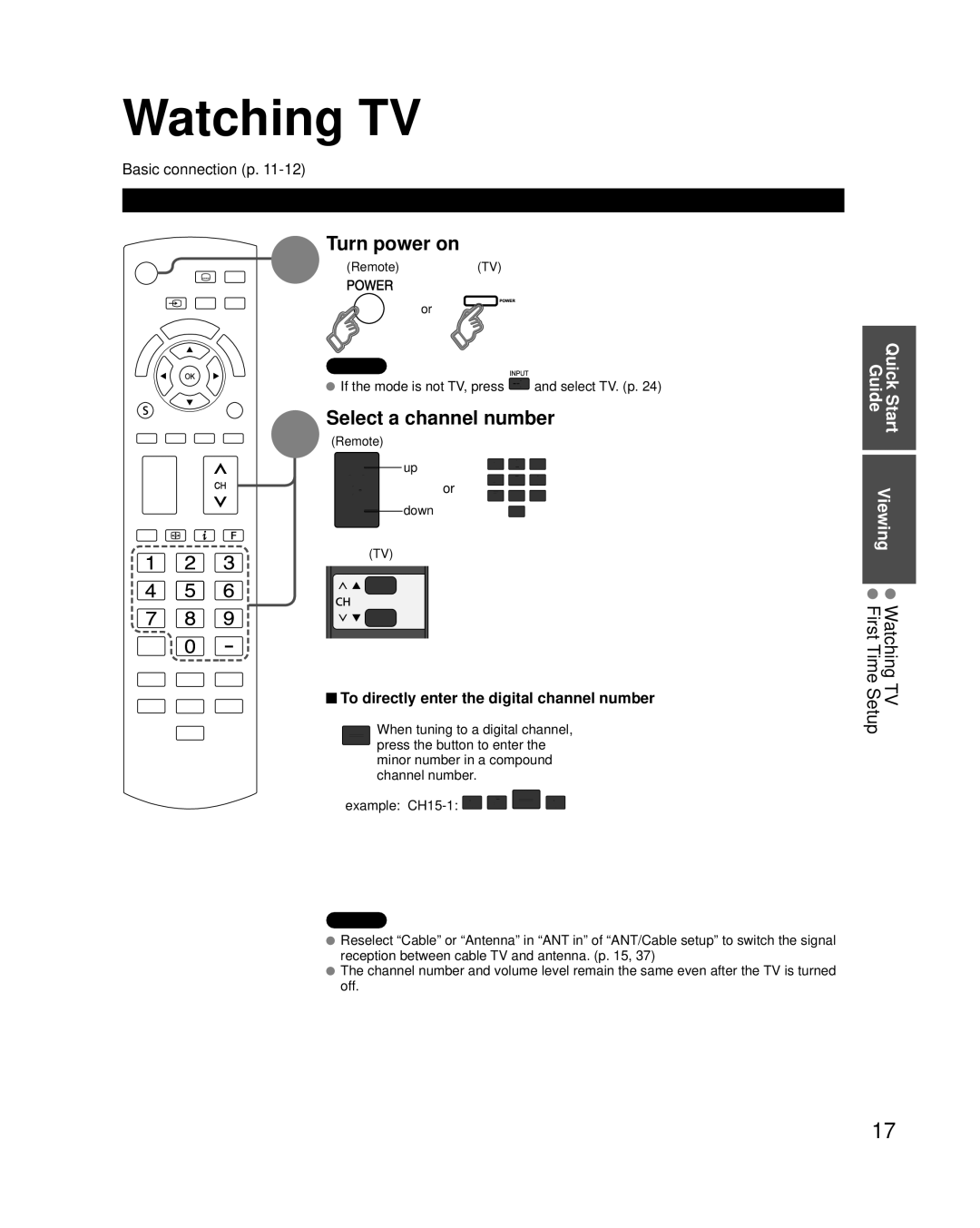 Panasonic TC-42PC2 quick start Watching TV, Turn power on, Select a channel number, To watch TV and other functions 