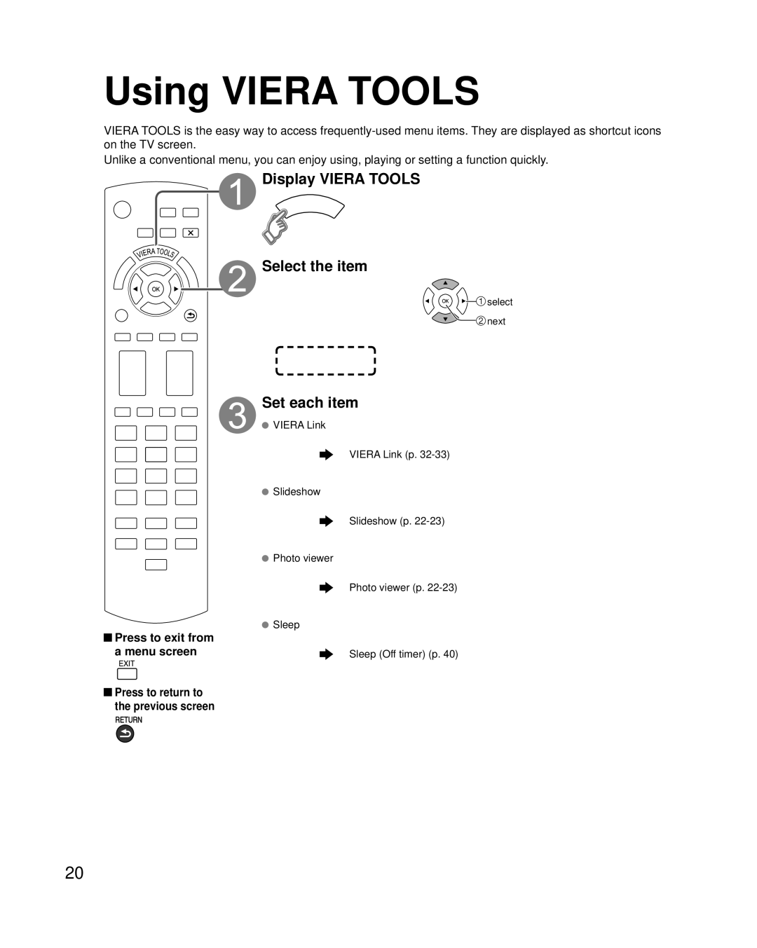 Panasonic TC-42PC2 Using Viera Tools, Display Viera Tools Select the item, Set each item, Press to exit from a menu screen 