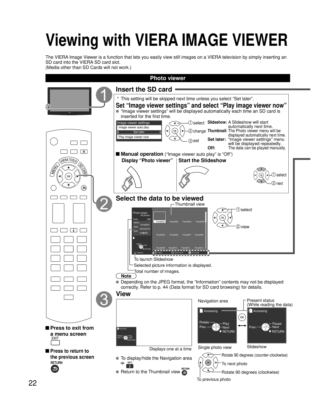 Panasonic TC-42PC2 quick start Insert the SD card, Select the data to be viewed, View, Photo viewer 