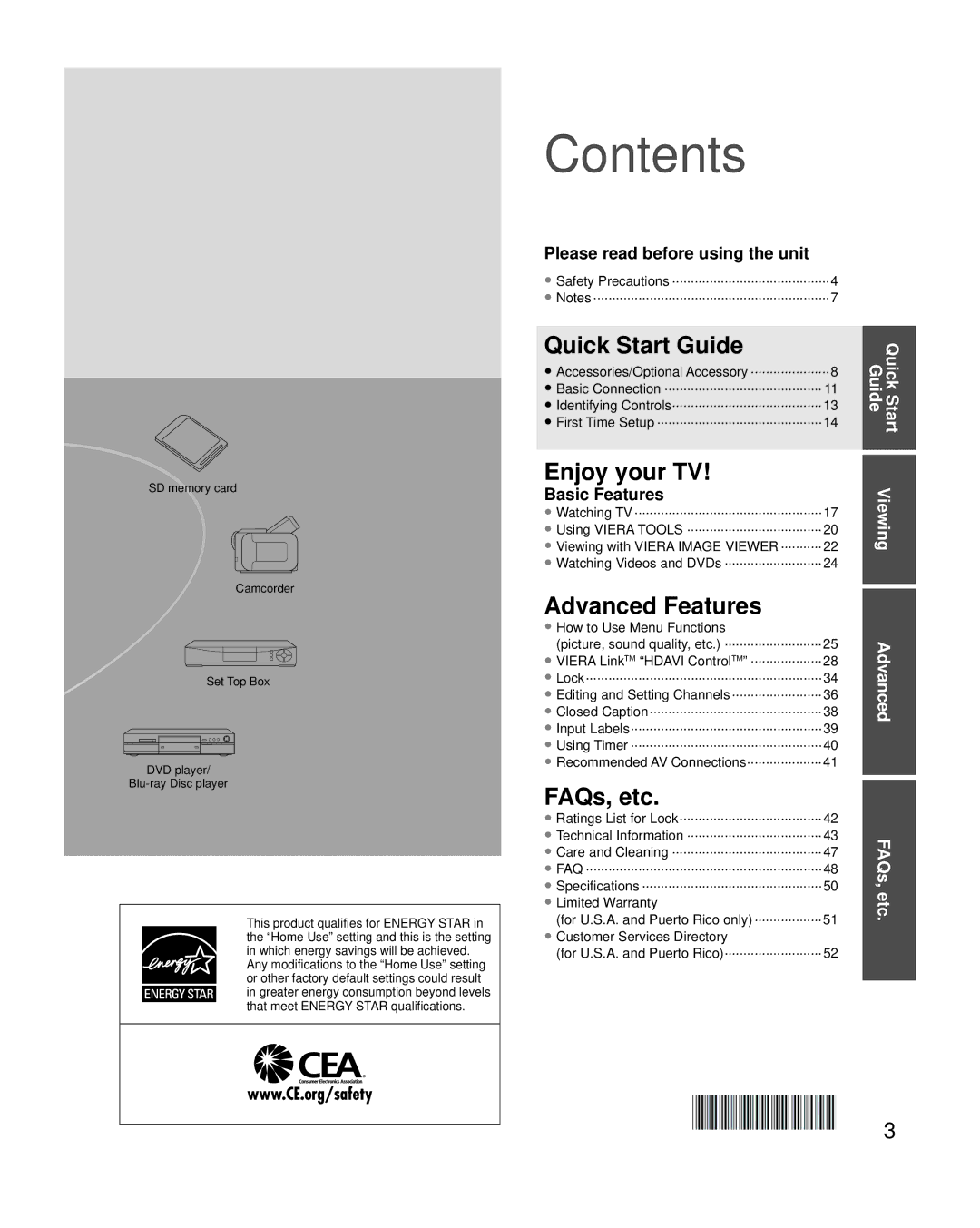 Panasonic TC-42PC2 quick start Contents 