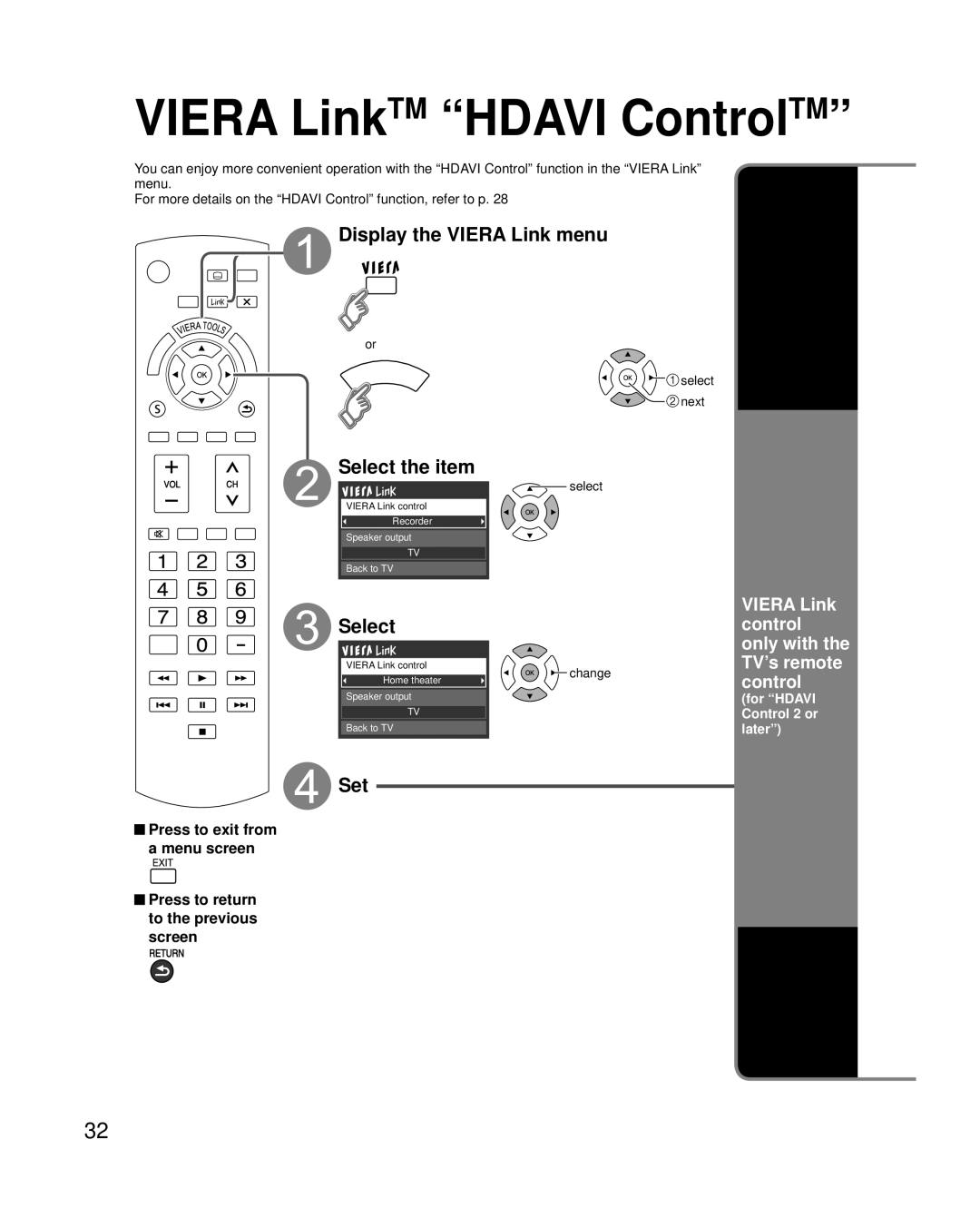 Panasonic TC-42PC2 quick start Display the Viera Link menu, Select 