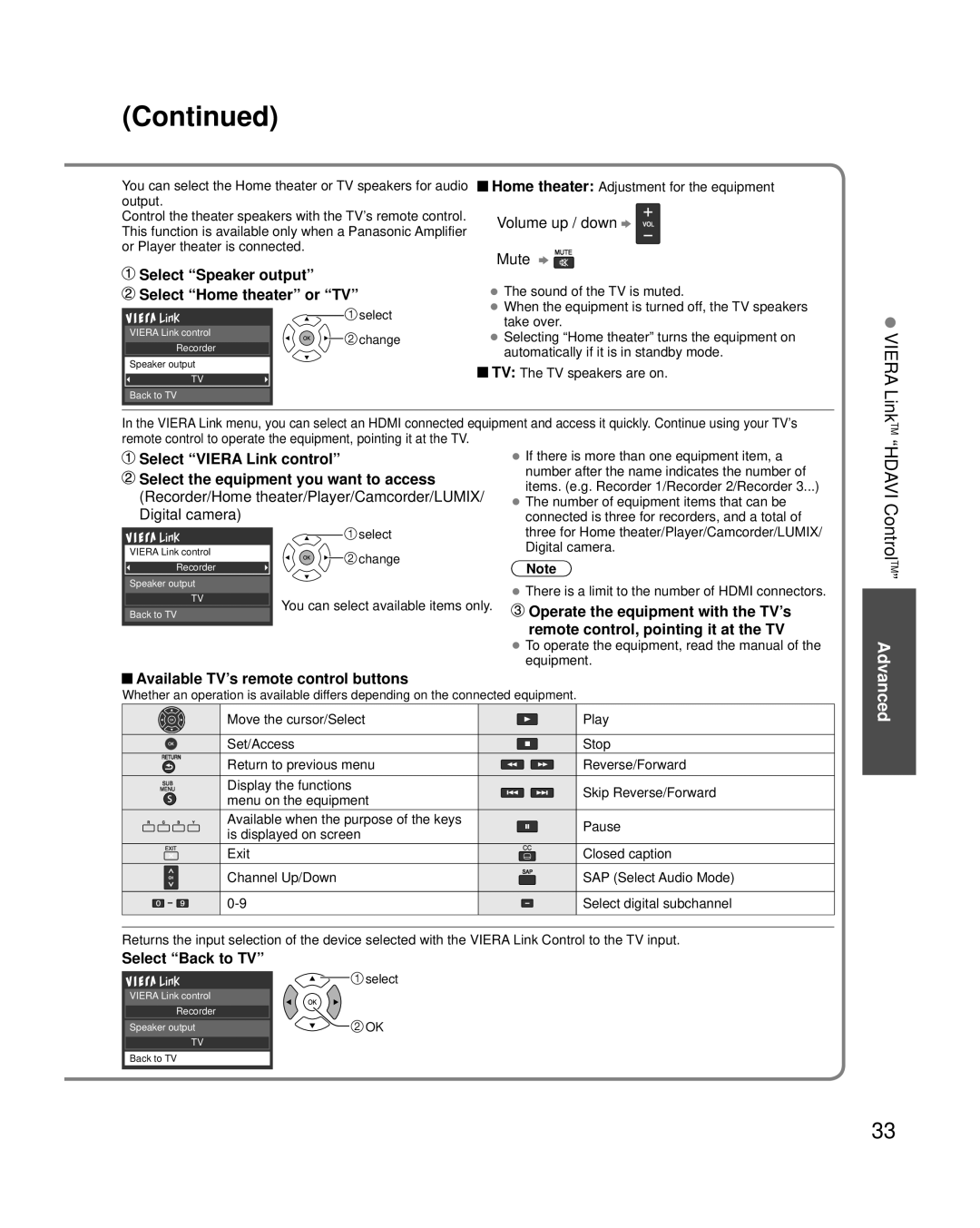 Panasonic TC-42PC2 Select Speaker output Select Home theater or TV, Select Viera Link control, Select Back to TV 