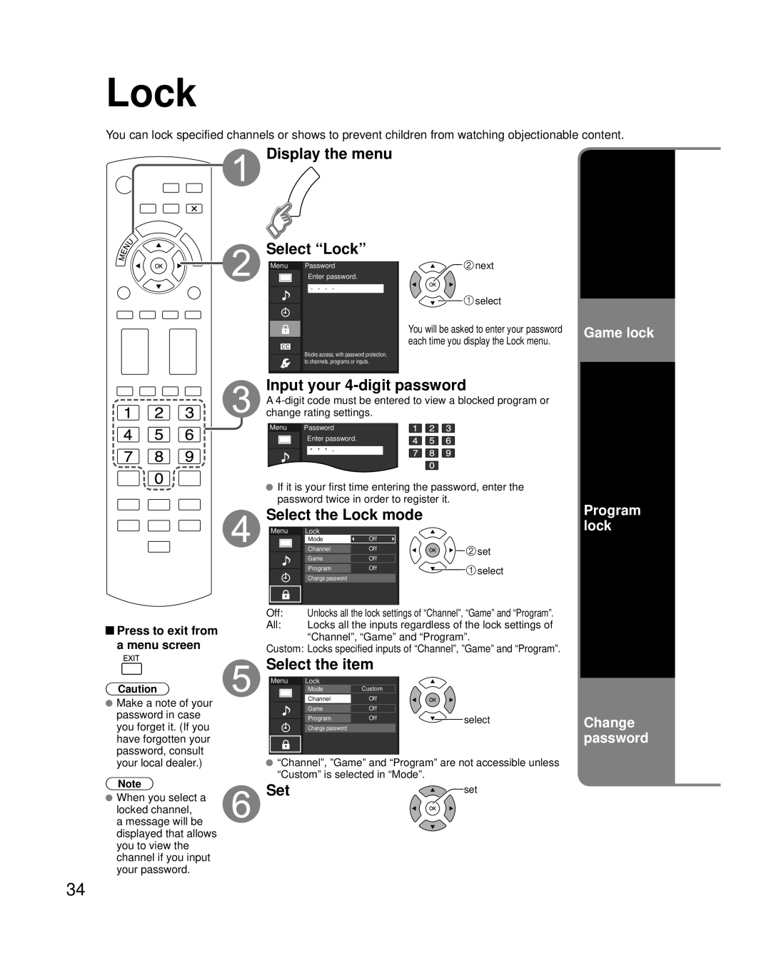 Panasonic TC-42PC2 quick start Display the menu Select Lock, Input your 4-digit password, Select the Lock mode 