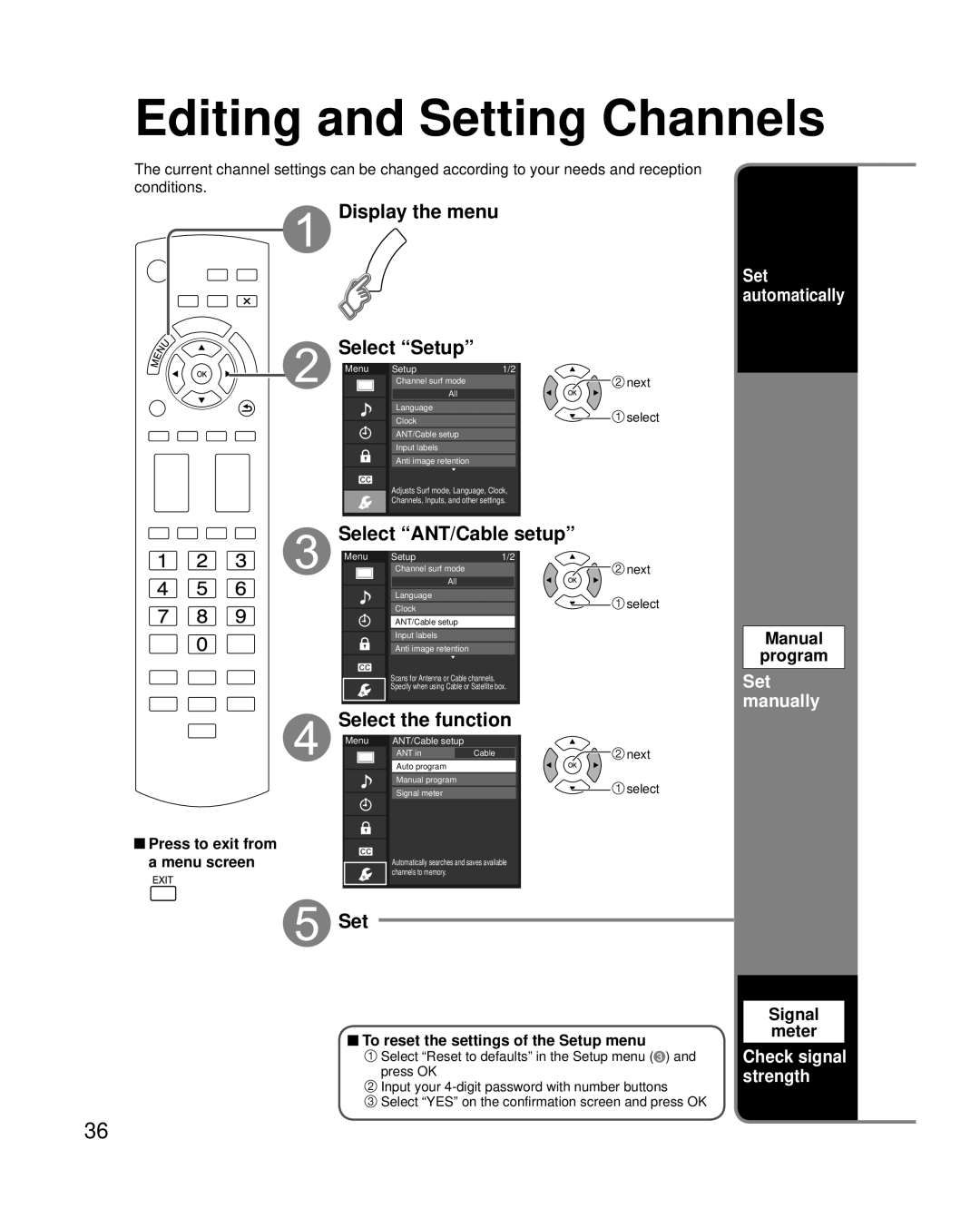 Panasonic TC-42PC2 quick start Editing and Setting Channels, Select ANT/Cable setup, Select the function, Set automatically 