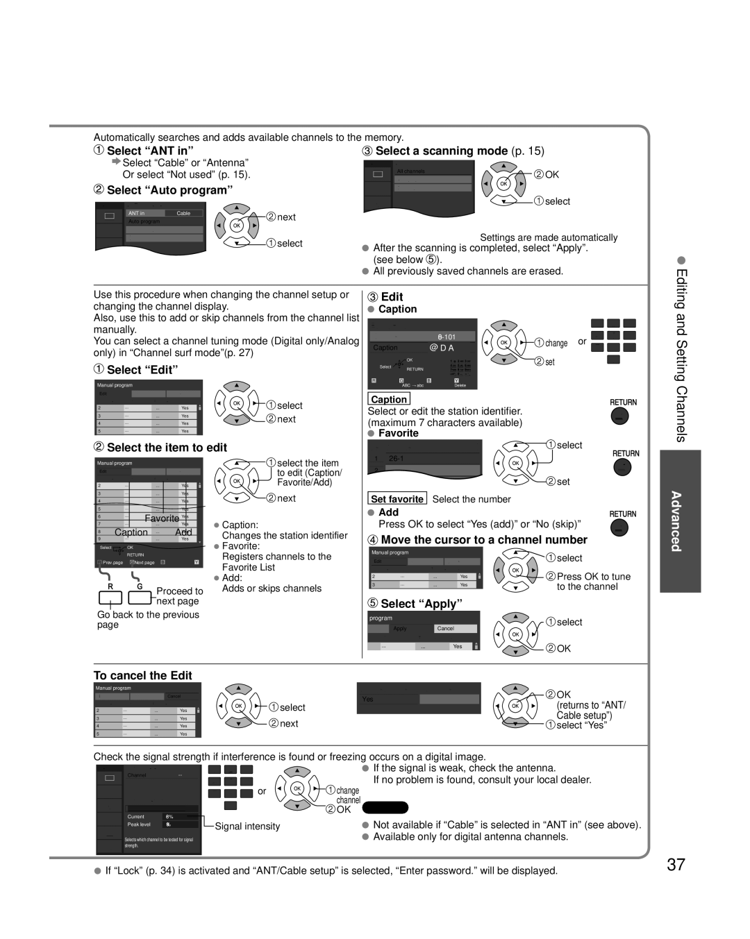 Panasonic TC-42PC2 Select ANT, Select Auto program, Select a scanning mode p, Select Edit, Select the item to edit 