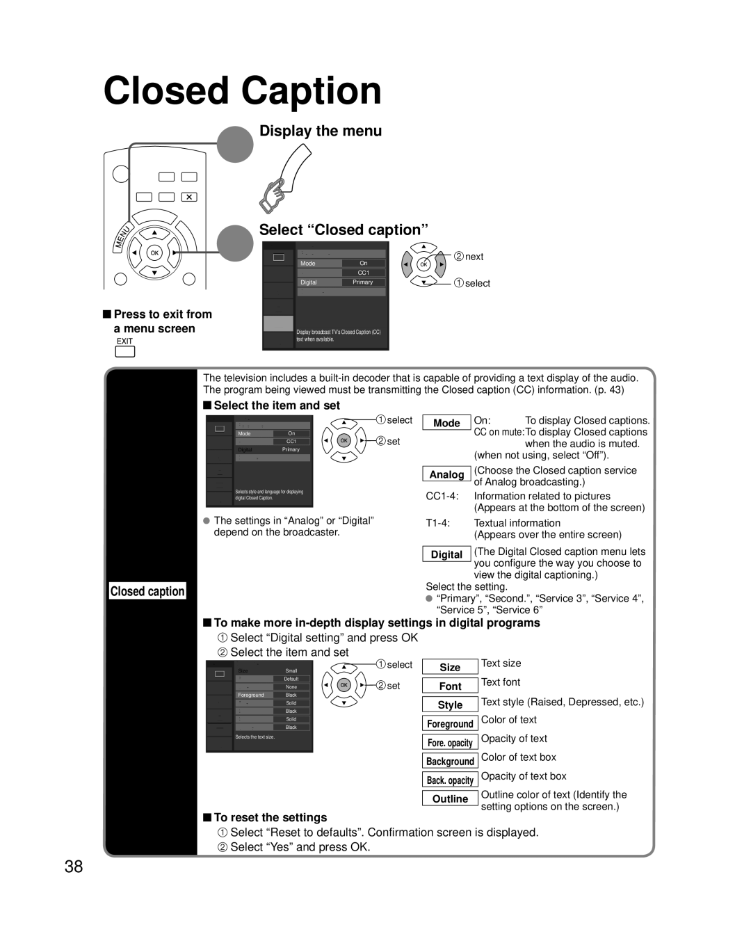 Panasonic TC-42PC2 Closed Caption, Display the menu Select Closed caption, Select the item and set, To reset the settings 