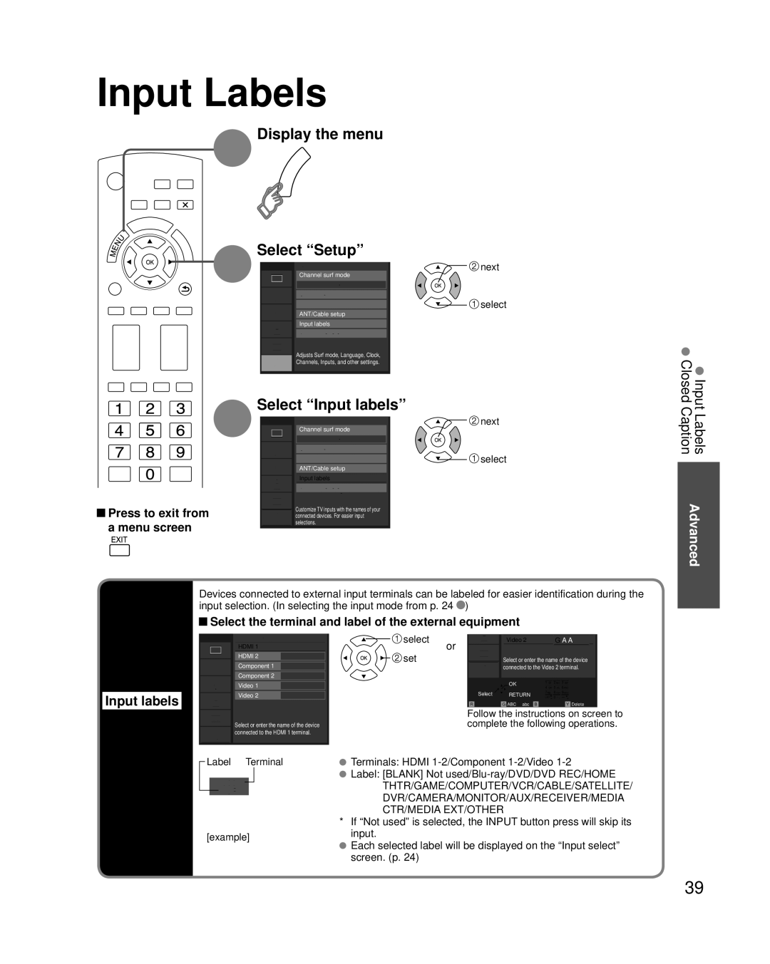 Panasonic TC-42PC2 quick start Input Labels, Select Input labels, Display labels of Connected devices, Label Terminal 