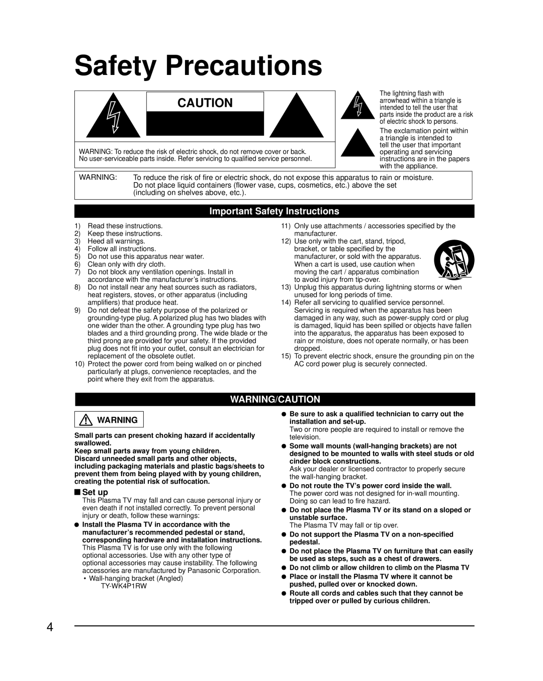 Panasonic TC-42PC2 quick start Safety Precautions, Important Safety Instructions, Set up 