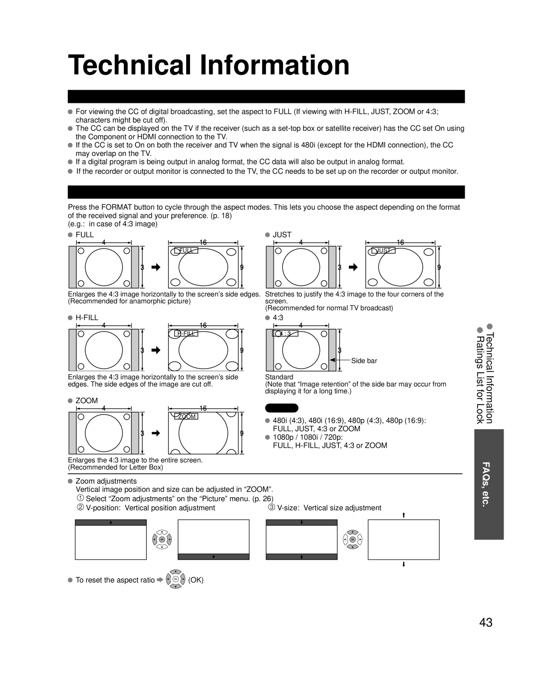 Panasonic TC-42PC2 quick start Technical Information, Closed Caption CC, Aspect Ratio Format, FAQs, etc 