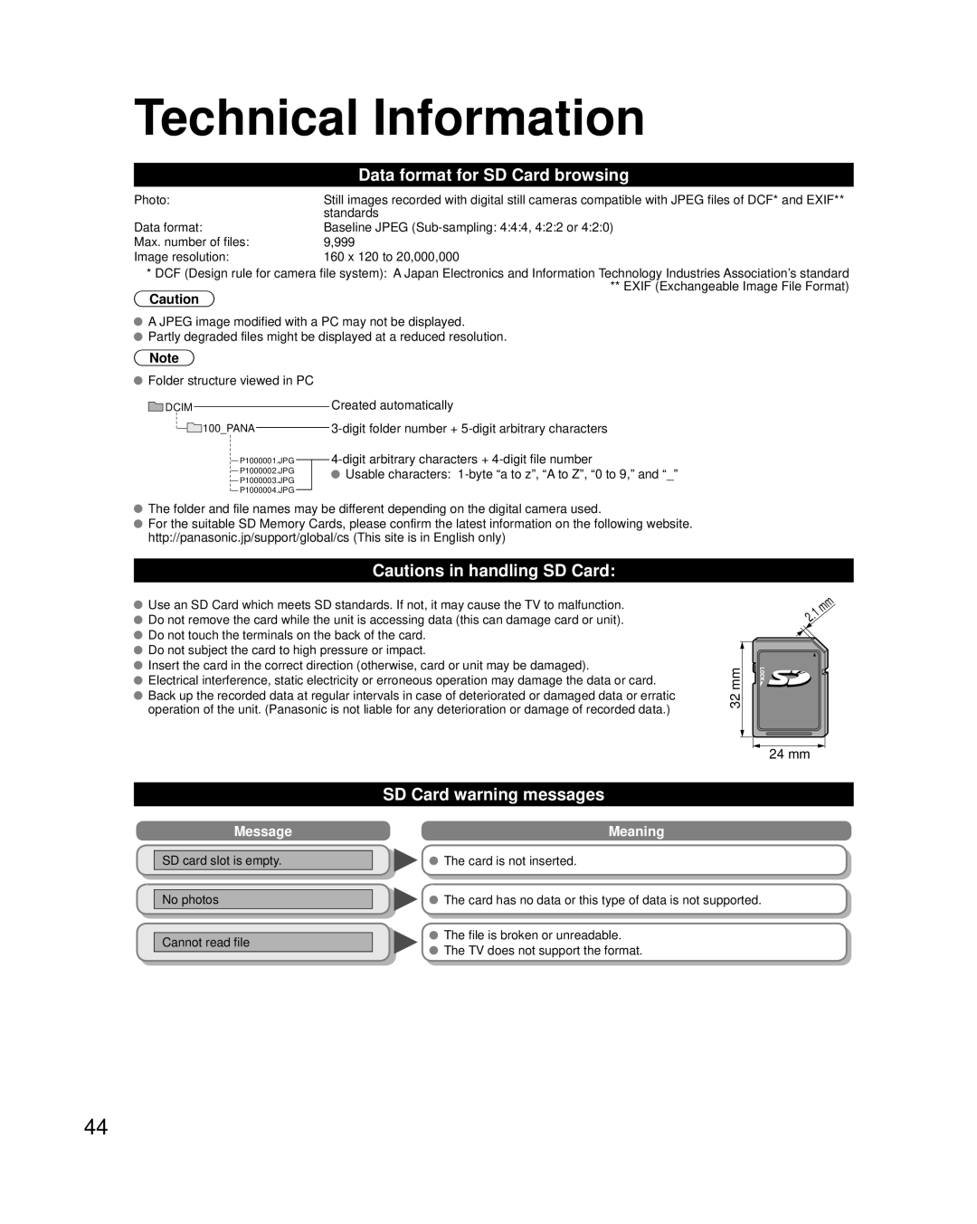 Panasonic TC-42PC2 quick start Data format for SD Card browsing, SD Card warning messages 