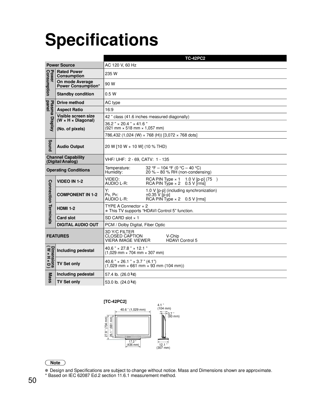 Panasonic TC-42PC2 quick start Specifications 