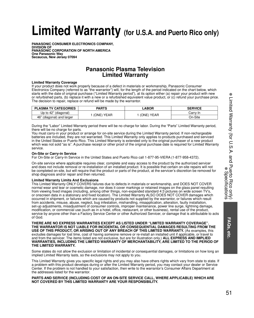 Panasonic TC-42PC2 Limited Warranty Coverage, On-Site or Carry-in Service, Limited Warranty Limits And Exclusions 