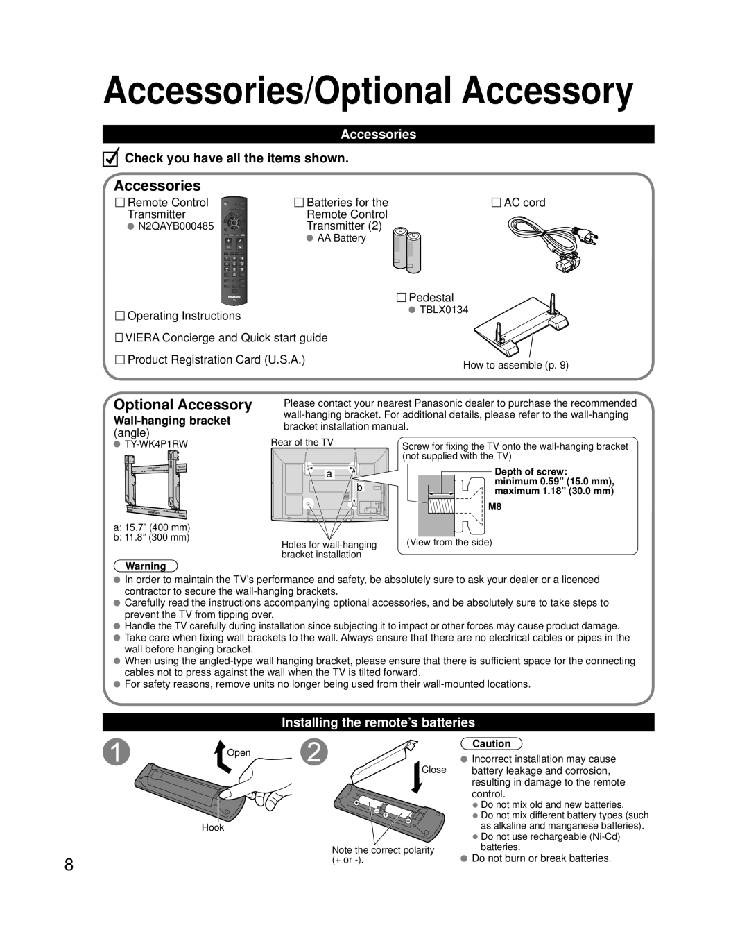 Panasonic TC-42PC2 quick start Accessories/Optional Accessory, Installing the remote’s batteries 