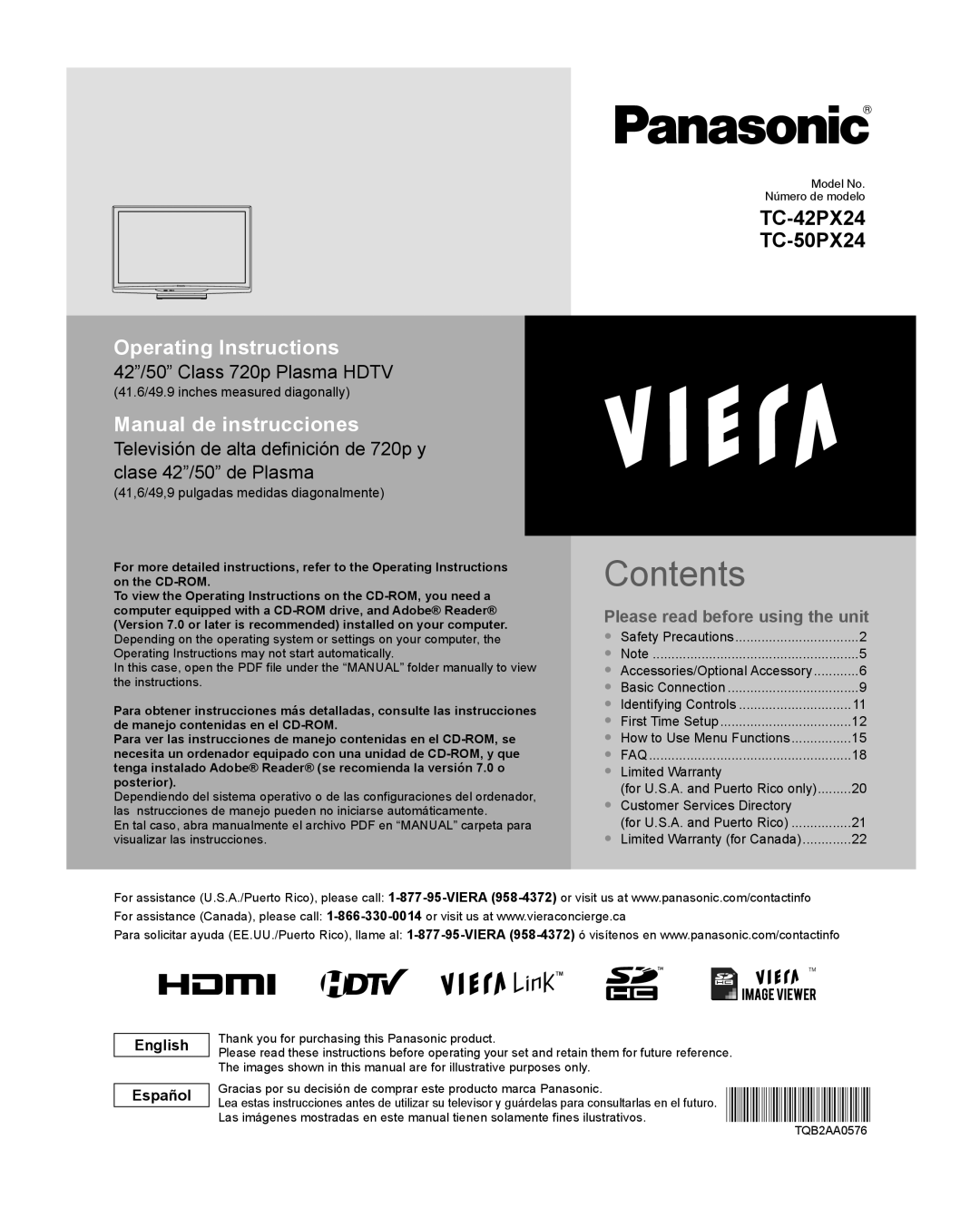 Panasonic TC-50PX24, TC-42PX24 operating instructions Contents 