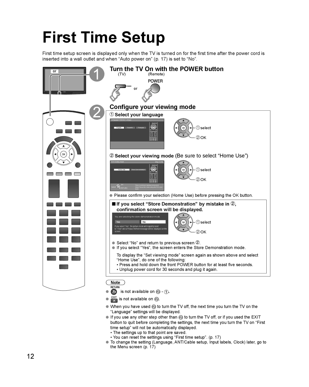 Panasonic TC-42PX24, TC-50PX24 First Time Setup, Turn the TV On with the Power button, Configure your viewing mode 