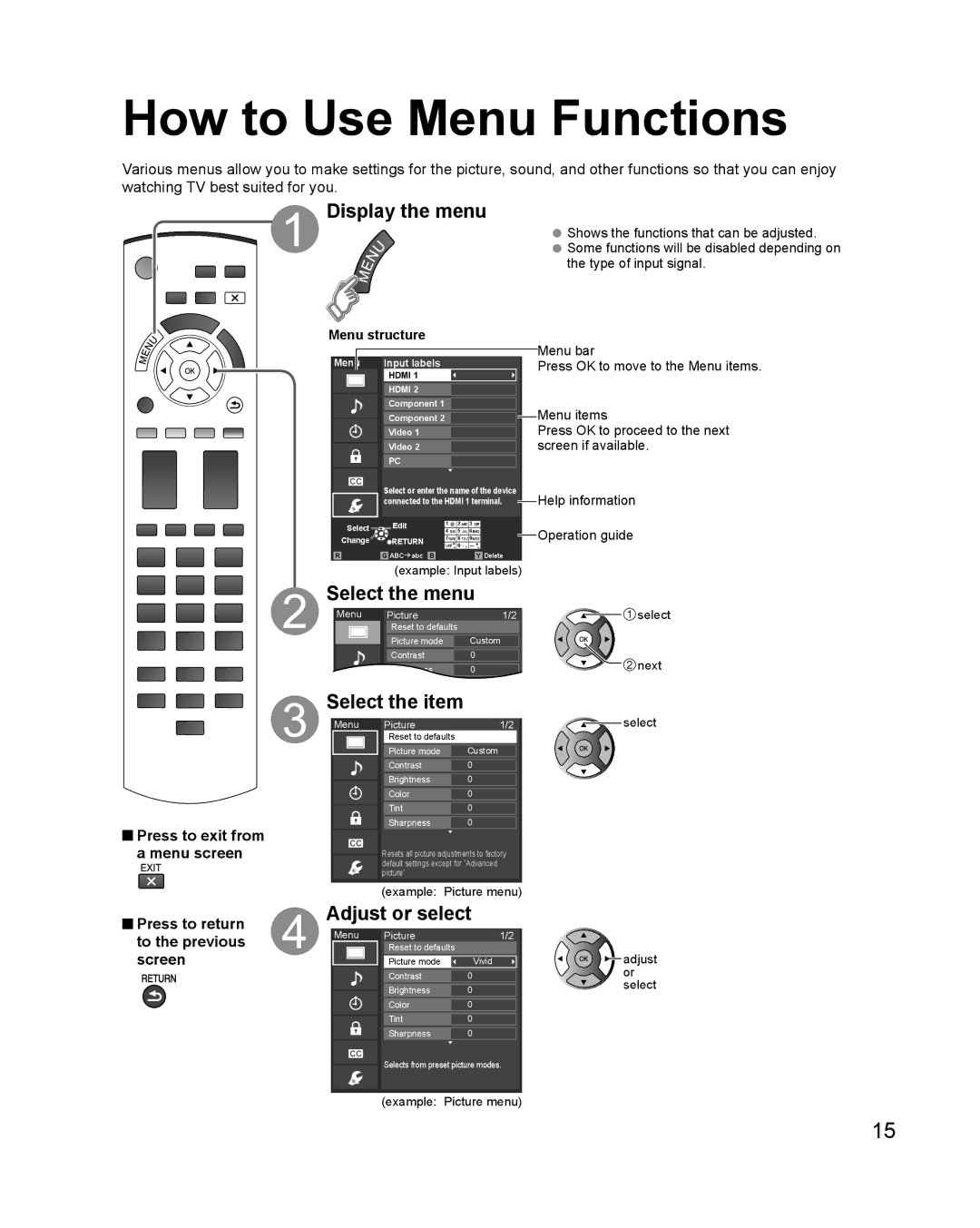 Panasonic TC-50PX24, TC-42PX24 How to Use Menu Functions, Display the menu, Select the menu, Select the item 