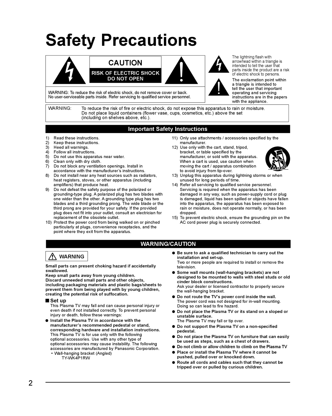 Panasonic TC-42PX24, TC-50PX24 operating instructions Safety Precautions, Important Safety Instructions, Set up 