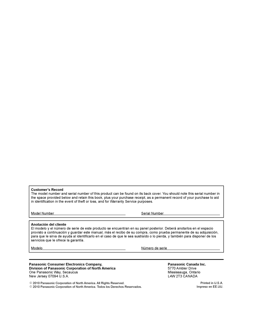 Panasonic TC-42PX24, TC-50PX24 operating instructions Customer’s Record, Anotación del cliente 