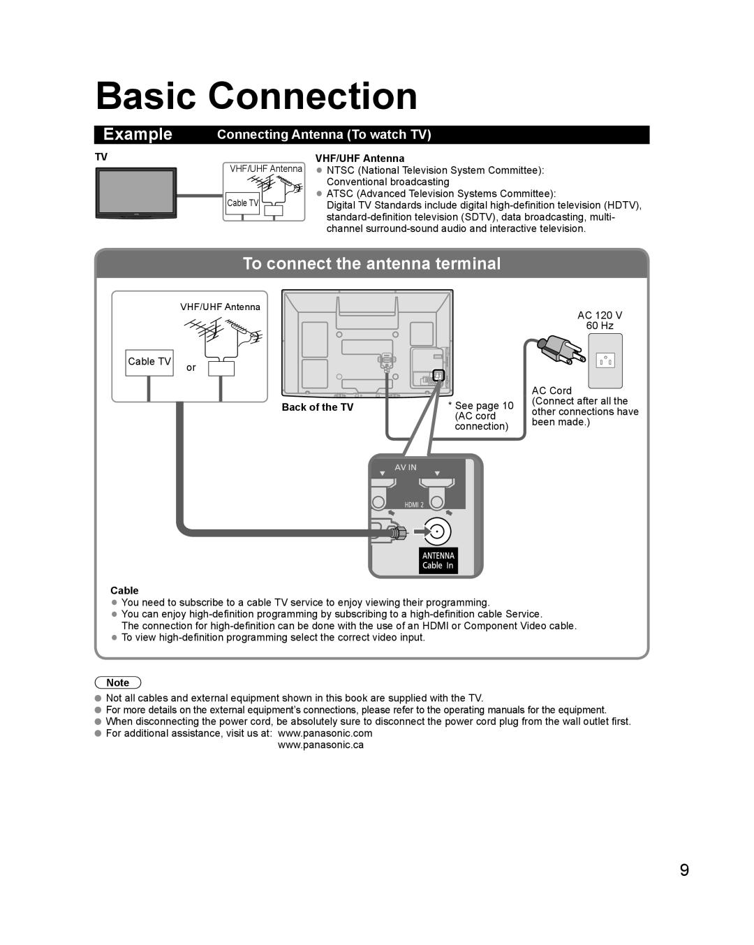 Panasonic TC-50PX24, TC-42PX24 Basic Connection, Connecting Antenna To watch TV, VHF/UHF Antenna, Back of the TV, Cable 