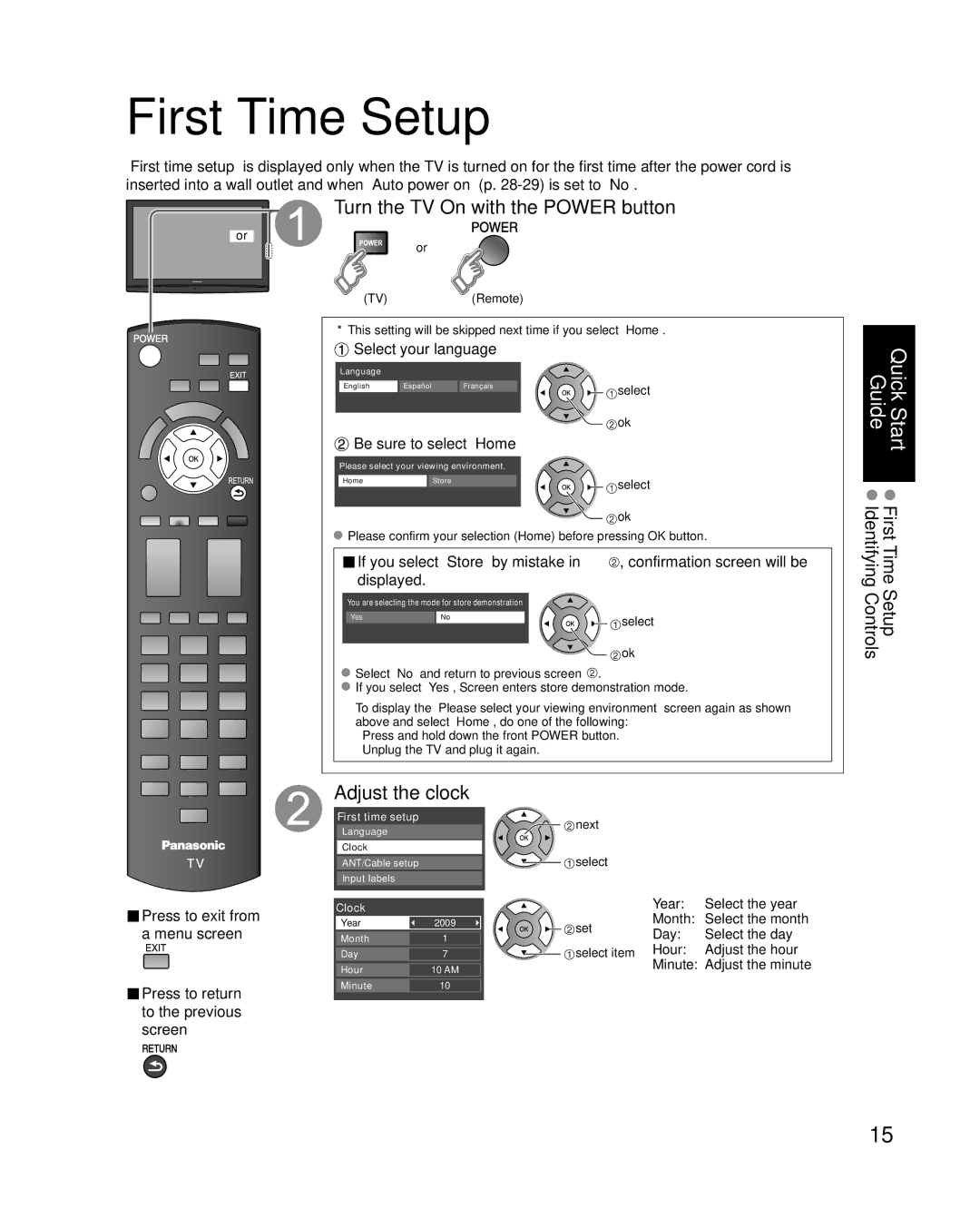 Panasonic TC-42U12 First Time Setup, Turn the TV On with the Power button, Adjust the clock, Select your language 