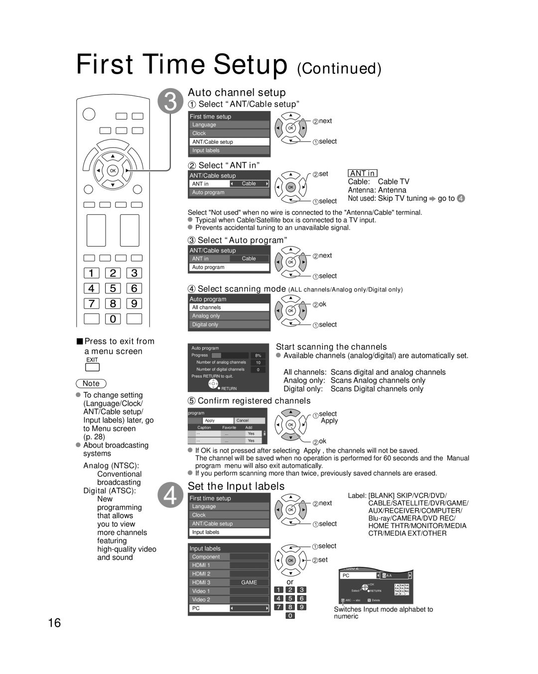 Panasonic TC-42U12 quick start Auto channel setup, Set the Input labels 