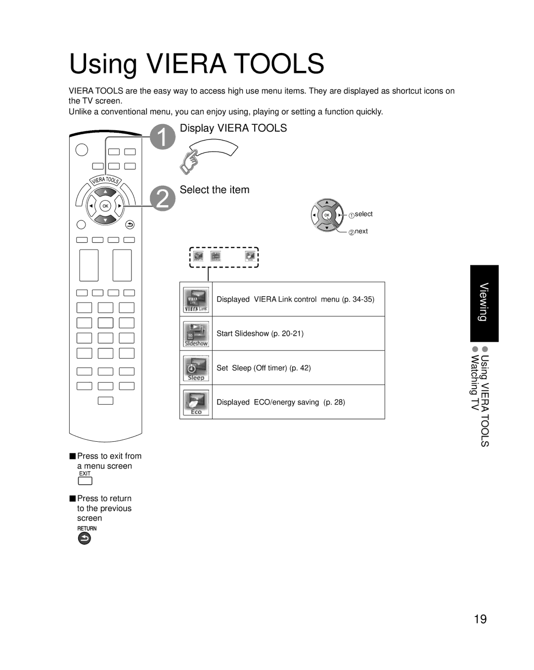 Panasonic TC-42U12 quick start Using Viera Tools, Display Viera Tools Select the item, Select next 