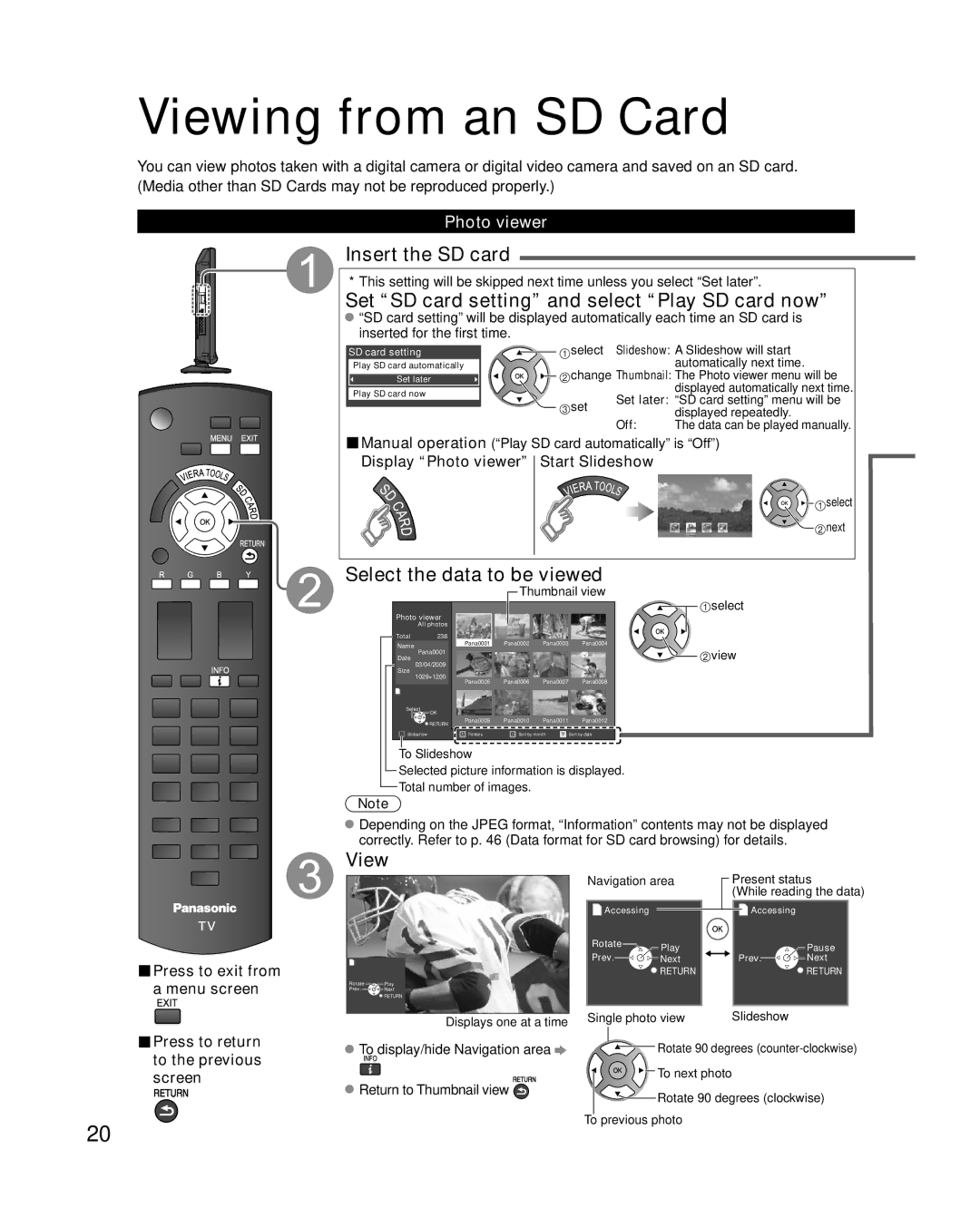 Panasonic TC-42U12 quick start Viewing from an SD Card, Insert the SD card, Set SD card setting and select Play SD card now 