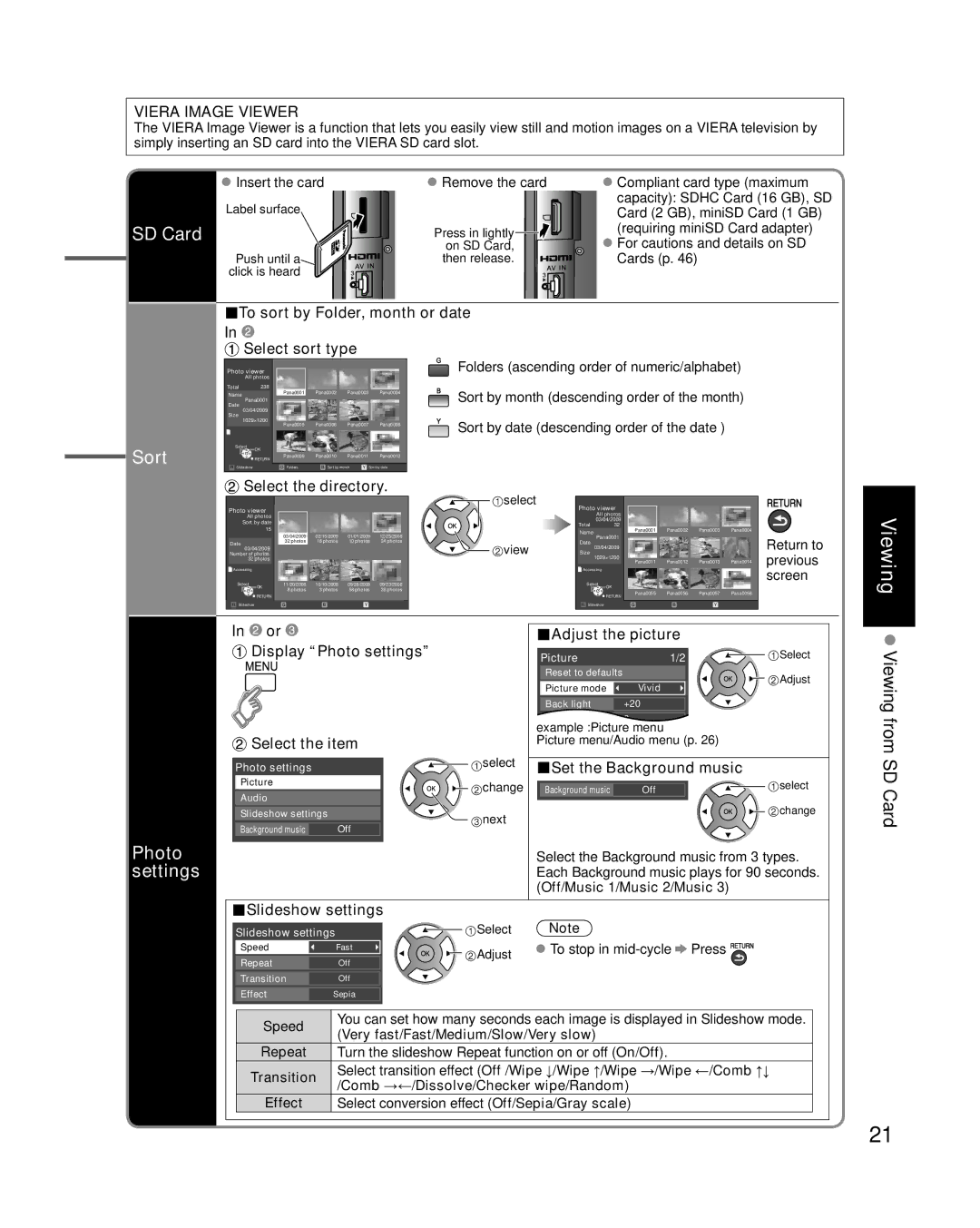 Panasonic TC-42U12 quick start SD Card, Sort, Photo, Settings, Select the directory 