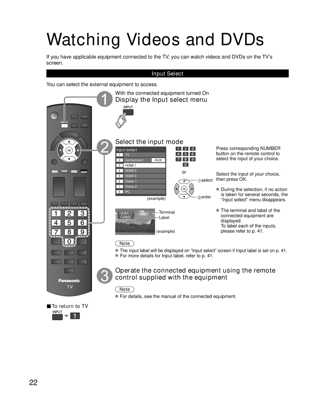 Panasonic TC-42U12 quick start Watching Videos and DVDs, Display the Input select menu Select the input mode, Input Select 