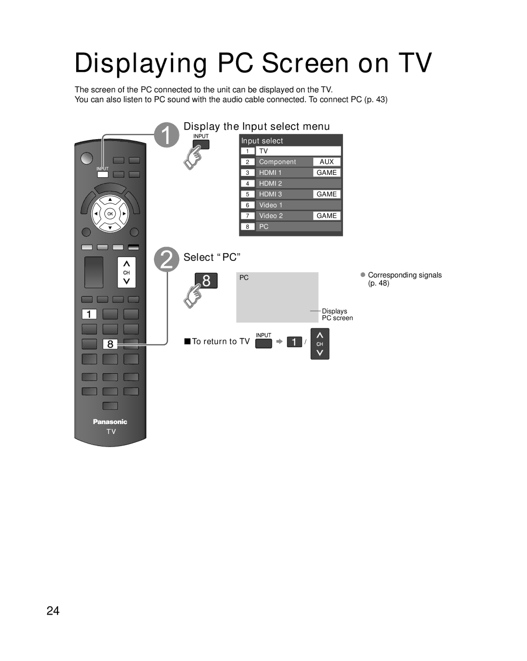 Panasonic TC-42U12 quick start Displaying PC Screen on TV, Display the Input select menu, Select PC, Displays, PC screen 